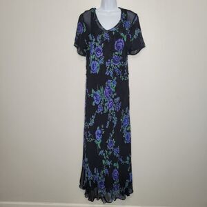 Vintage 90s black green purple blue floral semi sheer dress with overlay size 1x